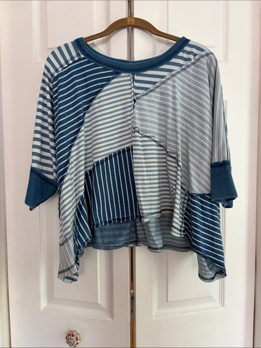 We The Free Blue Striped Patchwork Short Sleeve Top